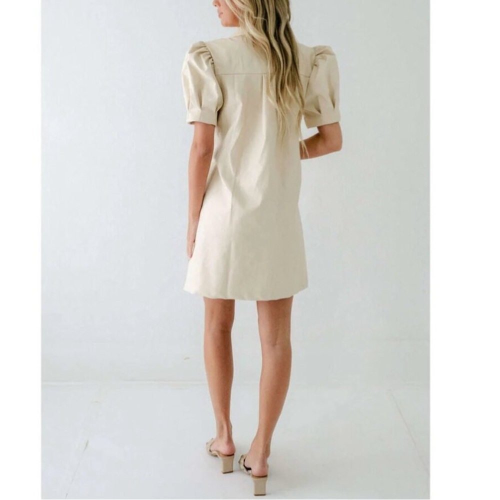 Aureum Ivory Faux Leather Puff Sleeves Mini Dress Size Small - Picture 2 of 6